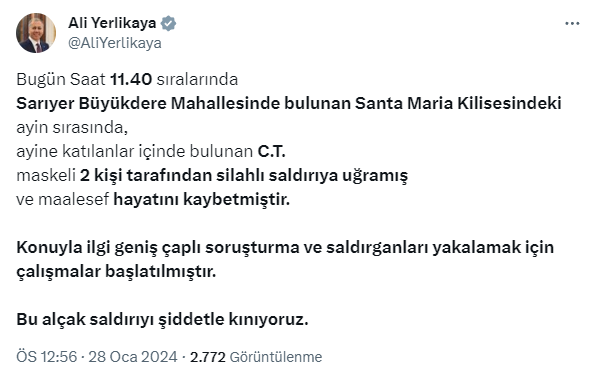 İstanbul Sarıyer'deki İtalyan kilisesine silahlı saldırı! 1 kişi hayatını kaybetti, polis saldırganların peşinde