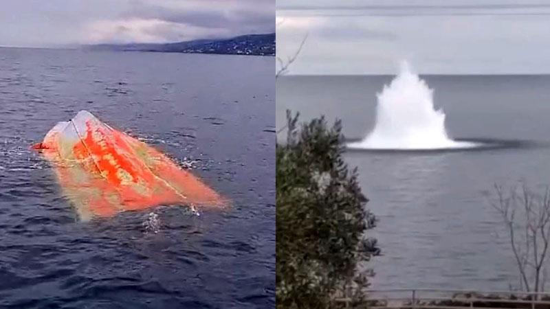 Karadeniz’de ters dönmüş şüpheli tekne imha edildi; patlatma anı kamerada