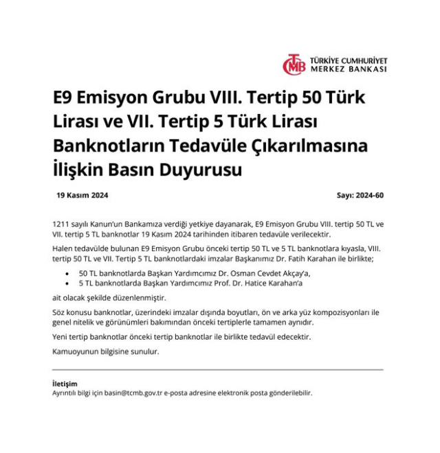 Resmi Gazete Merkez Bankası ilanı yayımlandı! Bugün 5 ve 50 TL'lik banknotlar tedavüle çıktı