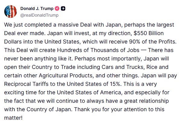 Trump, Japonya ile ticaret anlaşmasına varıldığını açıkladı: “Japonya, ABD’ye yüzde 15’lik karşılıklı gümrük tarifesi ödeyecek”